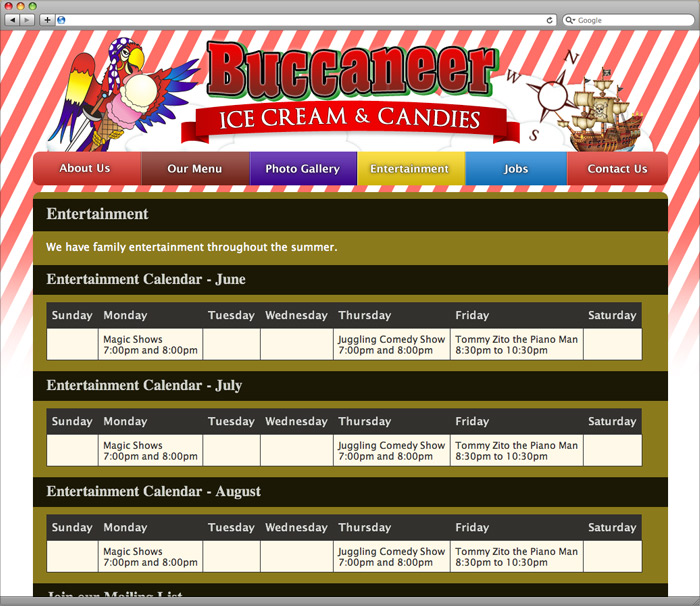 Buccaneer Ice Cream entertainment schedule page.
