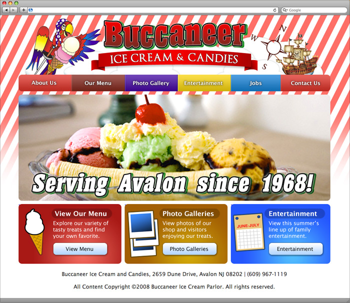 Buccaneer Ice Cream website homepage screenshot.
