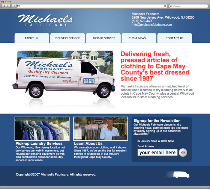 Michaels Fabricare homepage web design.
