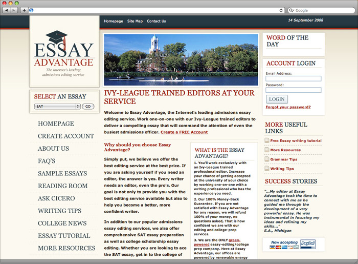 Essay Advantage website homepage design.