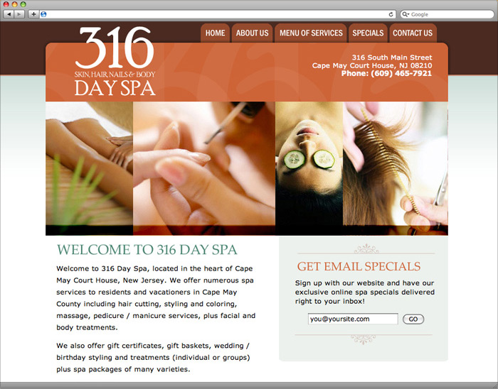 316 Day Spa website homepage design.