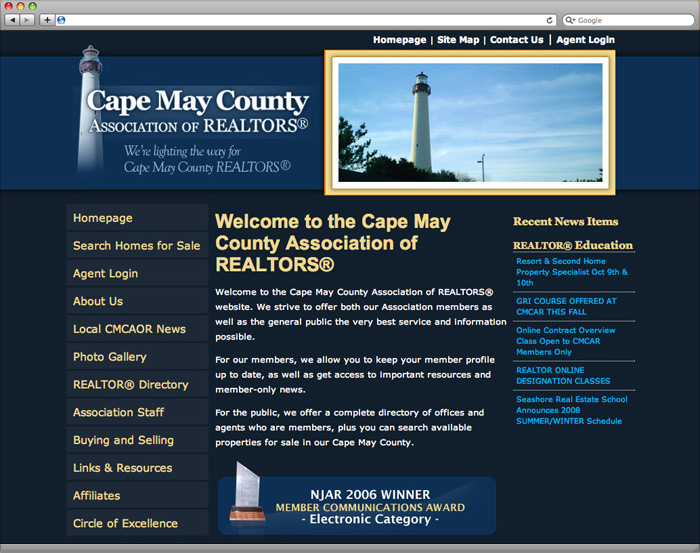Cape May County Association of Realtors website homepage design.