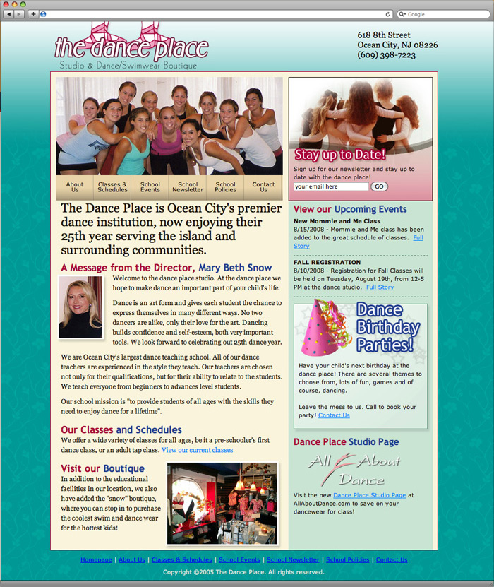 The Dance Place website homepage design.
