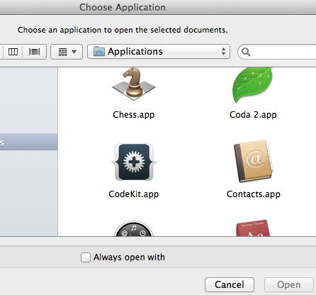 select Codekit as the app to open the file with