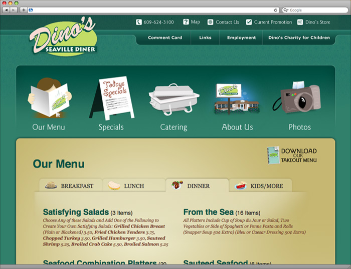 Menu page of the website.