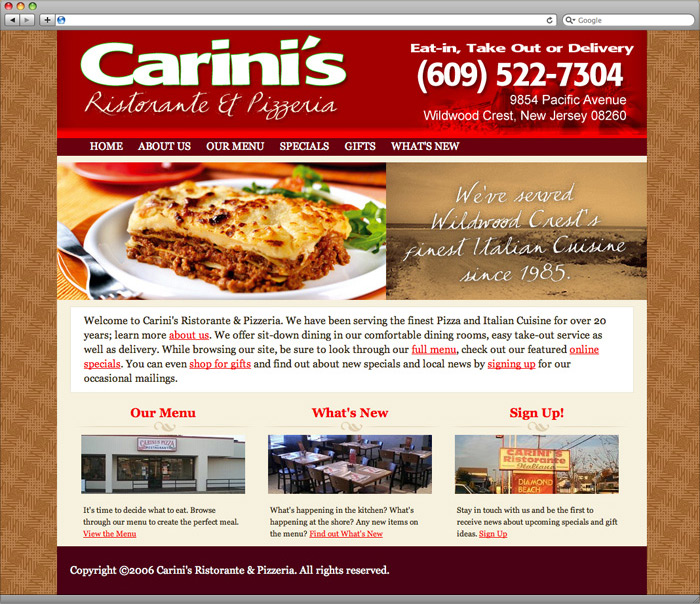 Carini's Ristorante website homepage design